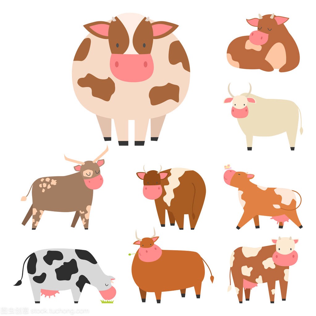 多头奶牛农场动物特征矢量插图牛哺乳动物自然