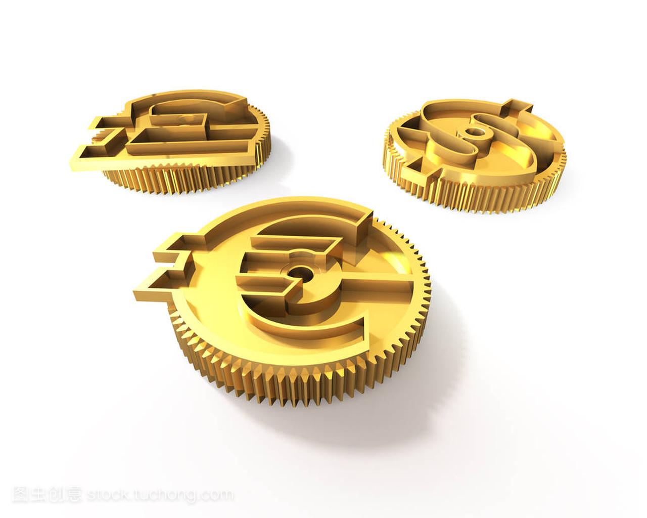 与黄金的美元符号,英镑,欧元符号,3d illustrati 齿