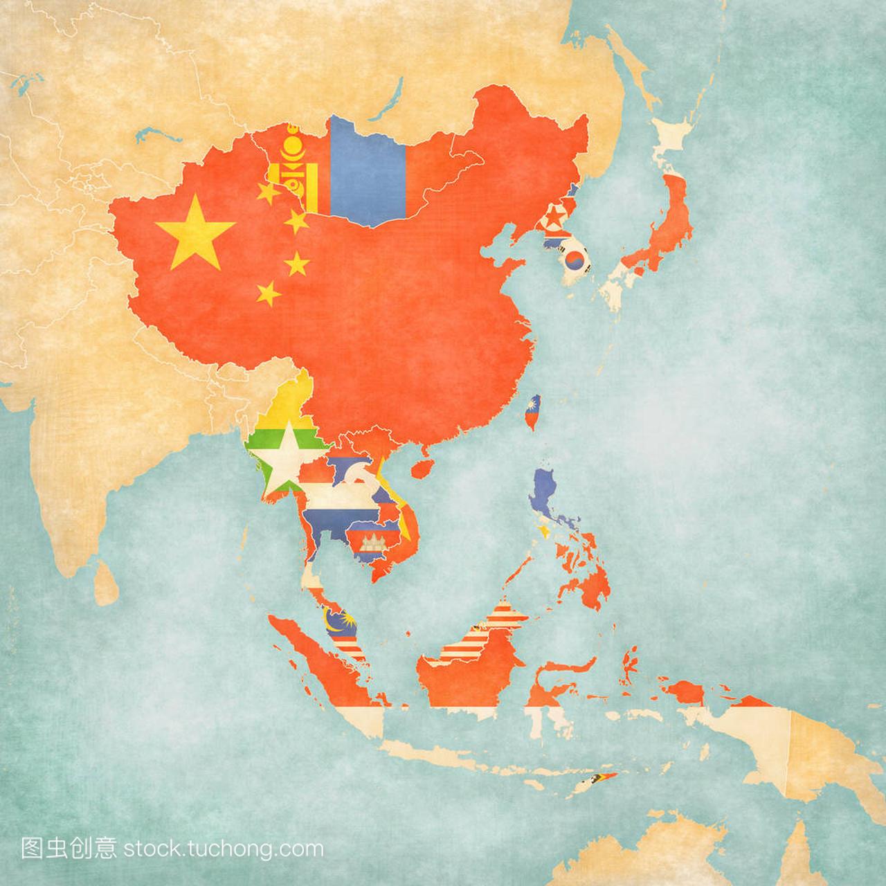 匹配的东亚地区的所有国家电子地图