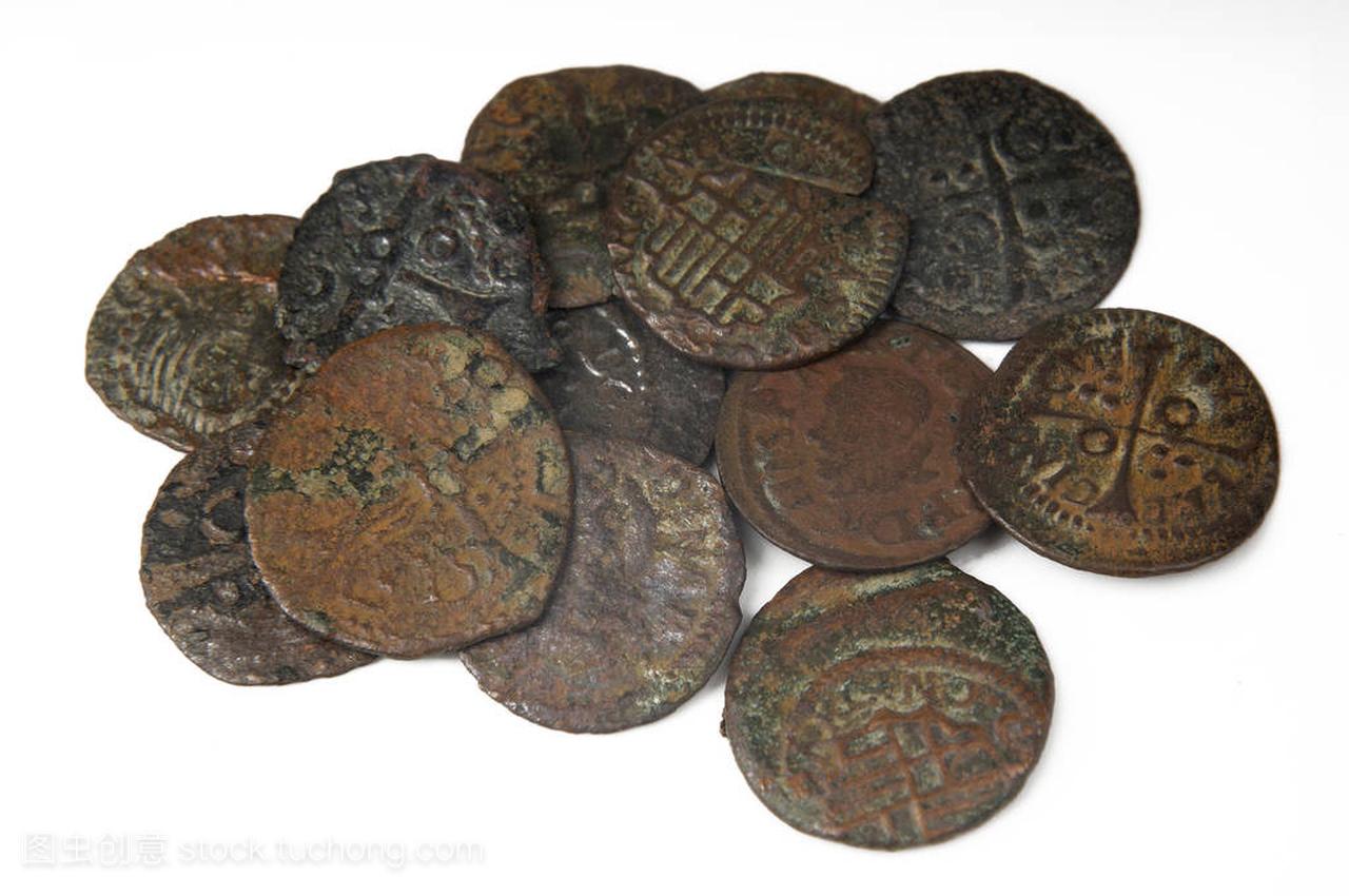 很多的硬币,钱十七世纪巴塞罗那,西班牙