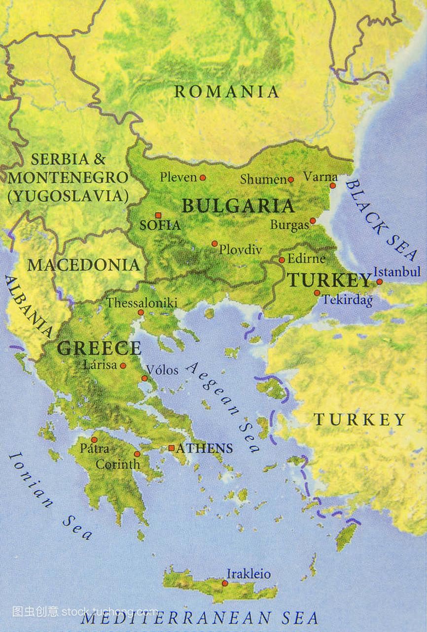 欧洲国家保加利亚、 土耳其和希腊的地理地图