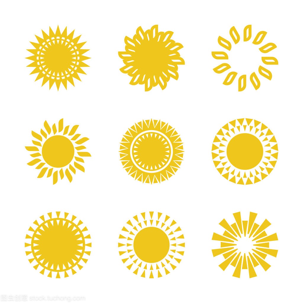 一组九个黄色图标的太阳