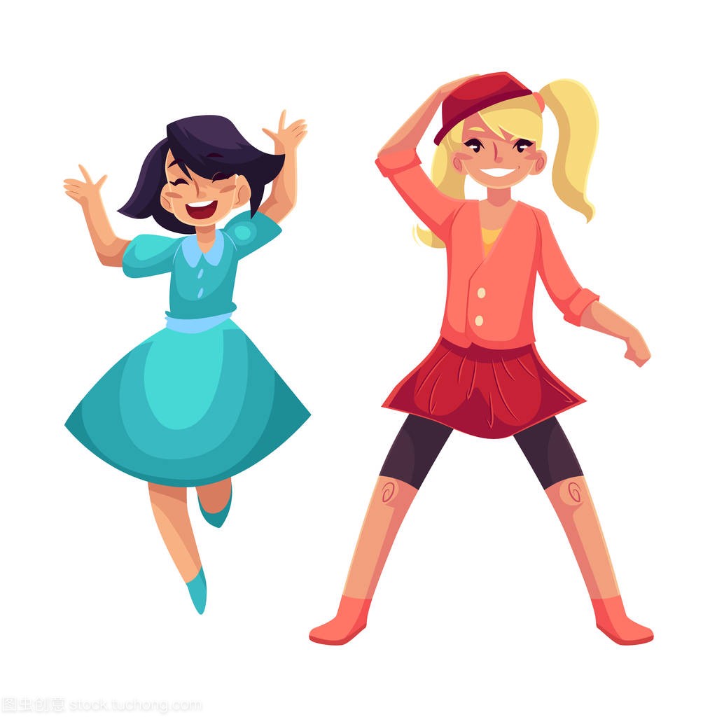 两个女孩在跳舞在党、 蓝色的连衣裙,裙子和紧身裤