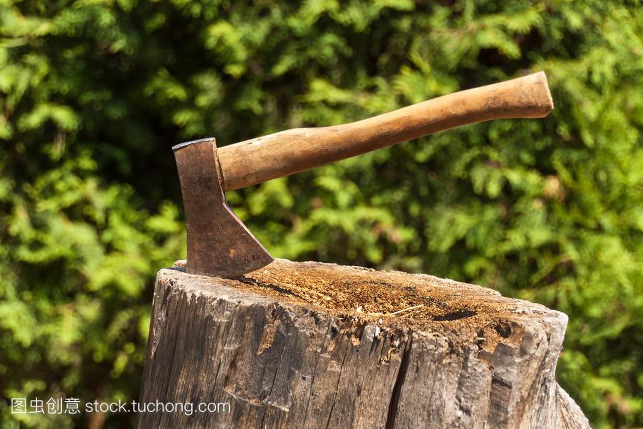 斧头在树桩。斧头准备切割木材。木工工具。伐