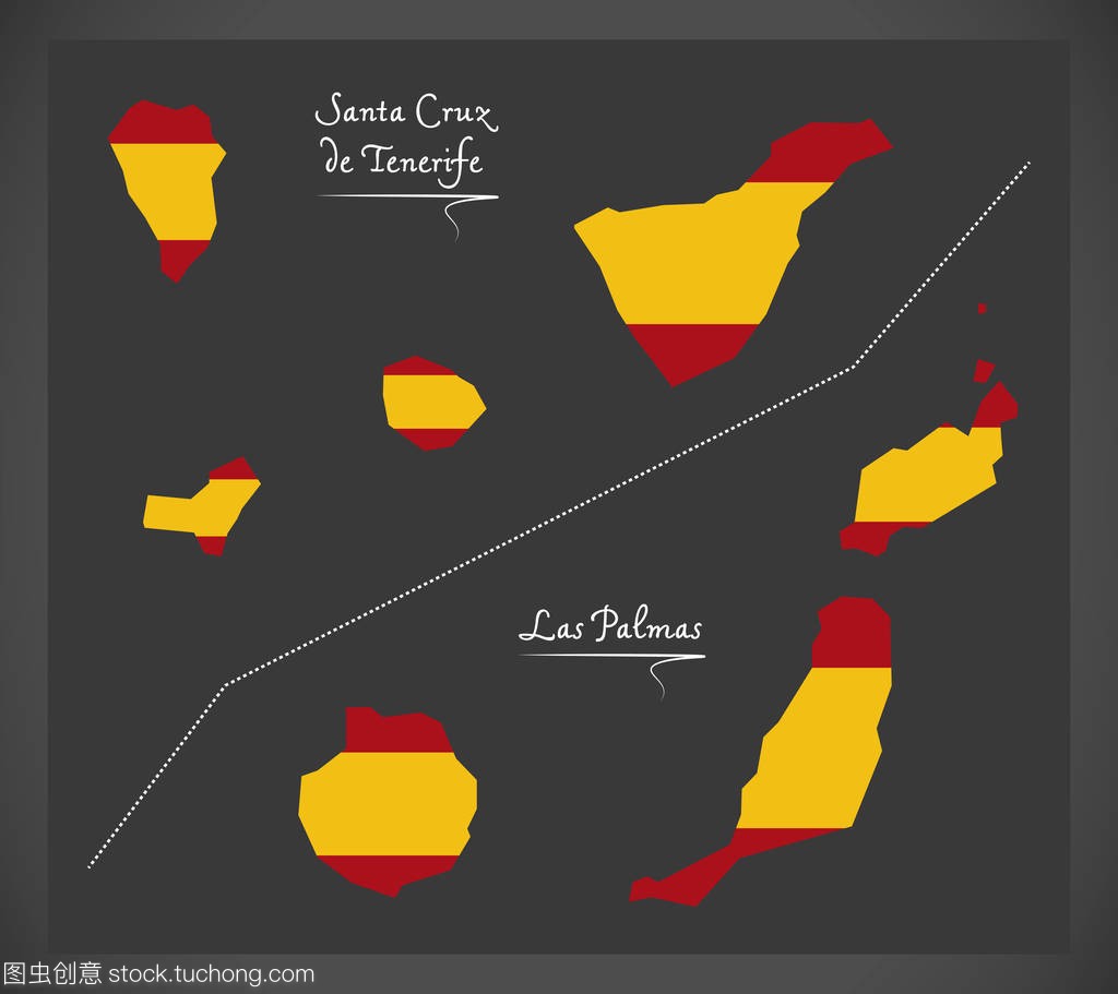 特内里费岛和帕尔马岛地图与西班牙国家国旗 