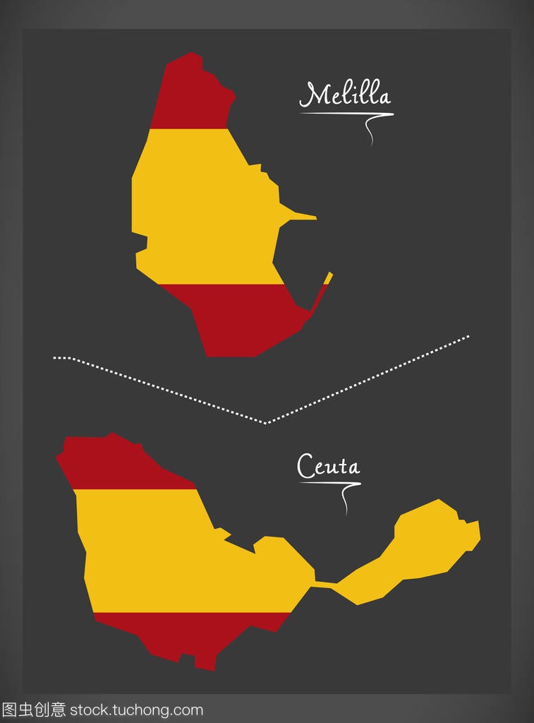 梅利利亚和休达地图与西班牙国旗图