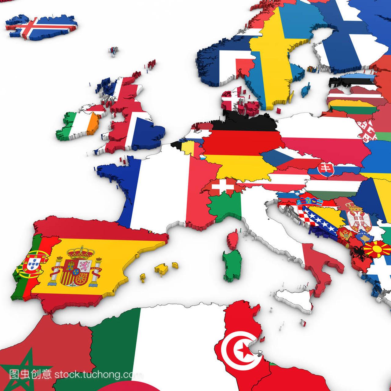 3d 地图的西欧带有国家标志的白色背景 3d 图