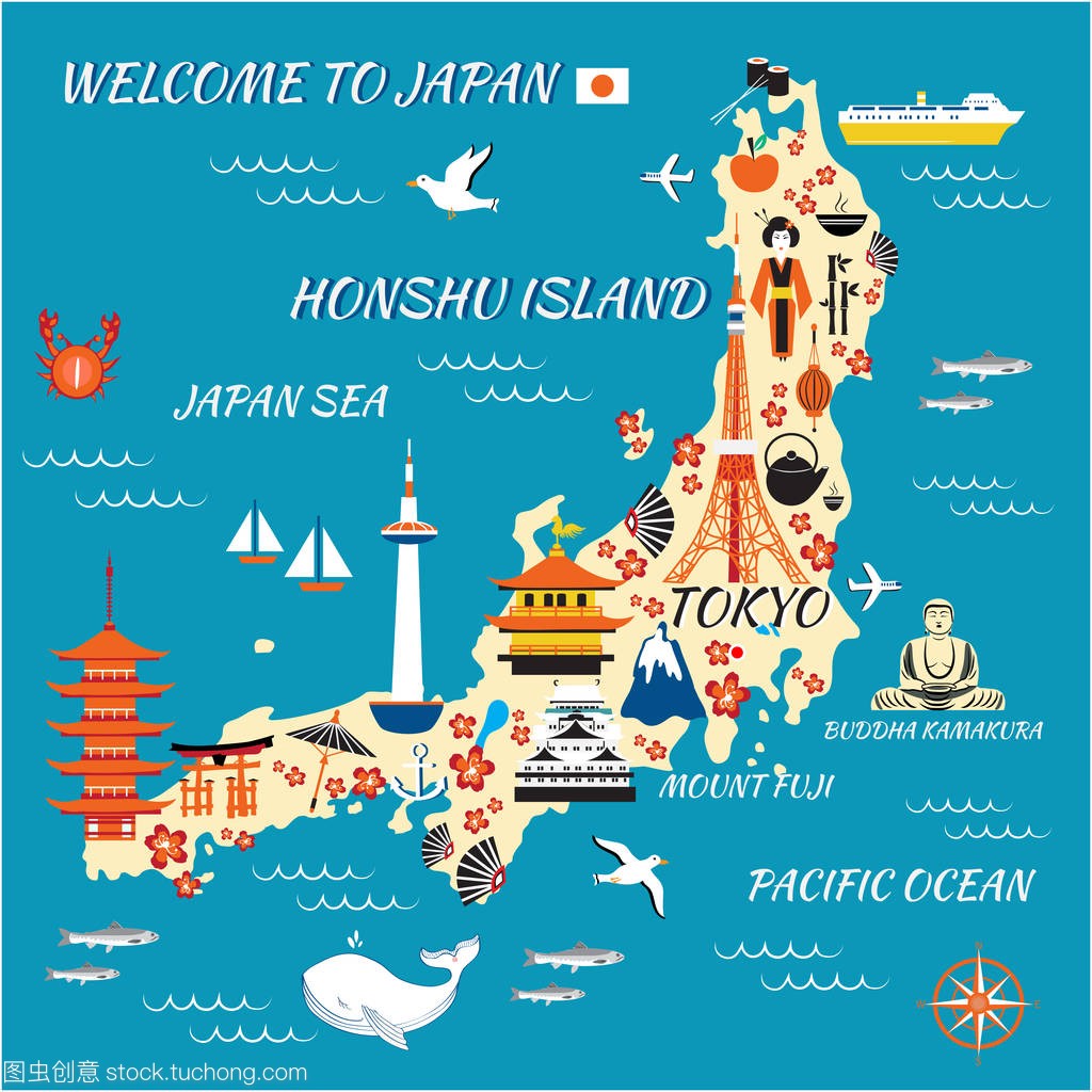 日本卡通旅游地图,矢量插画本州岛、 地标金阁