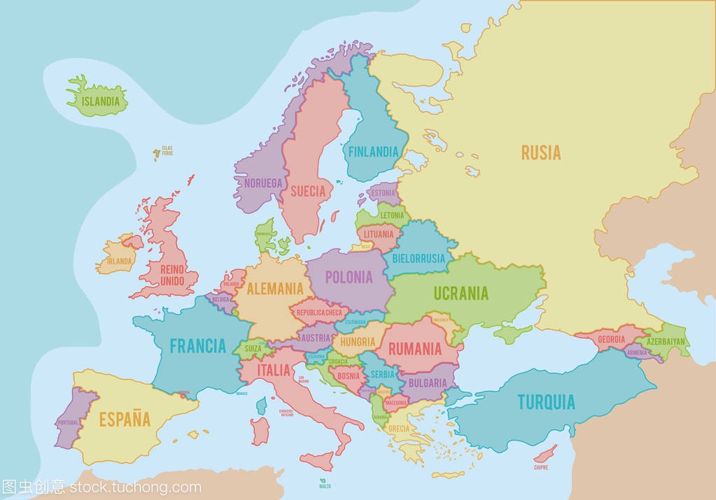 欧洲政治地图的颜色与每个国家和西班牙语名字