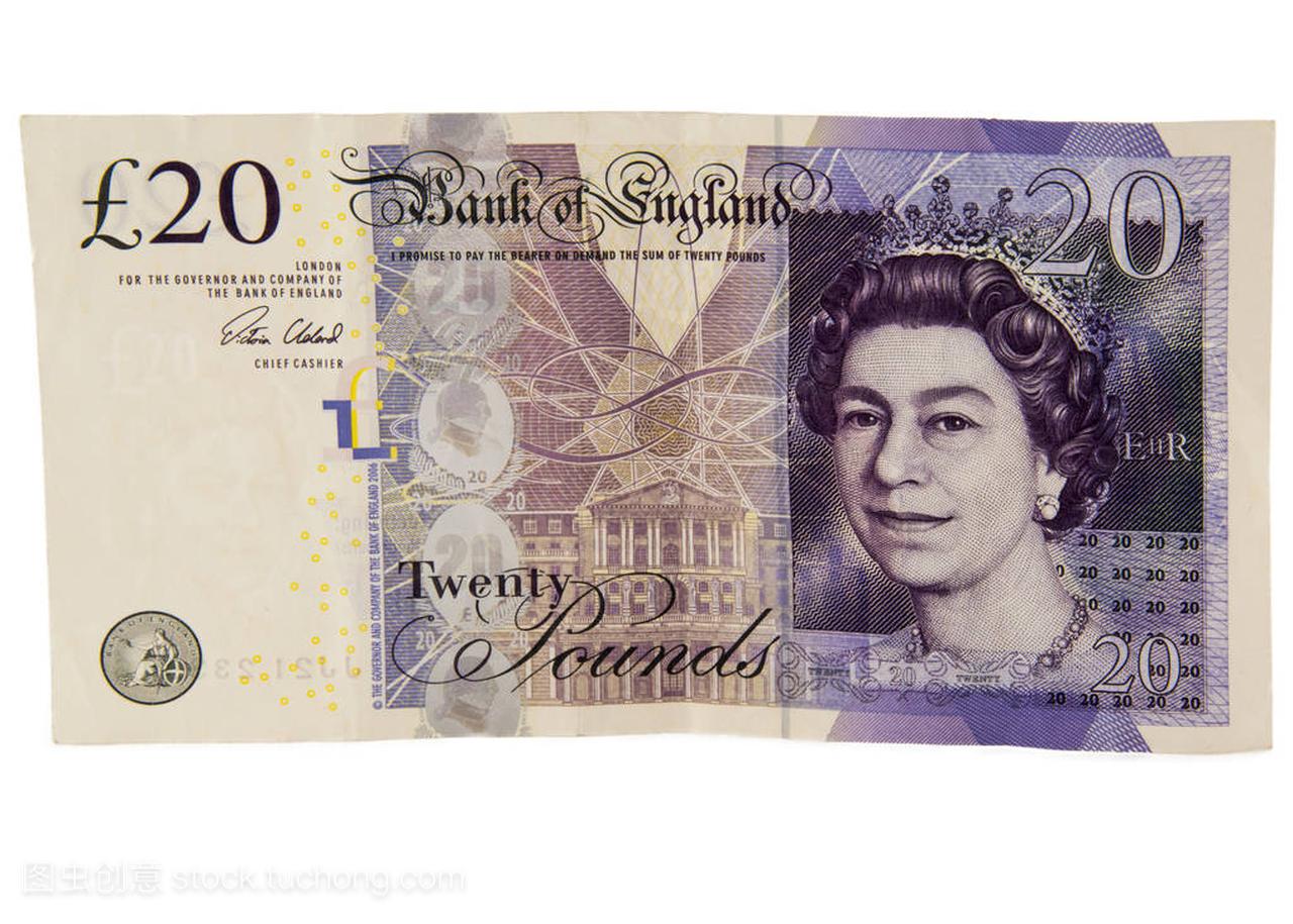 20 英镑钞票上白色背景照片孤立。可好看