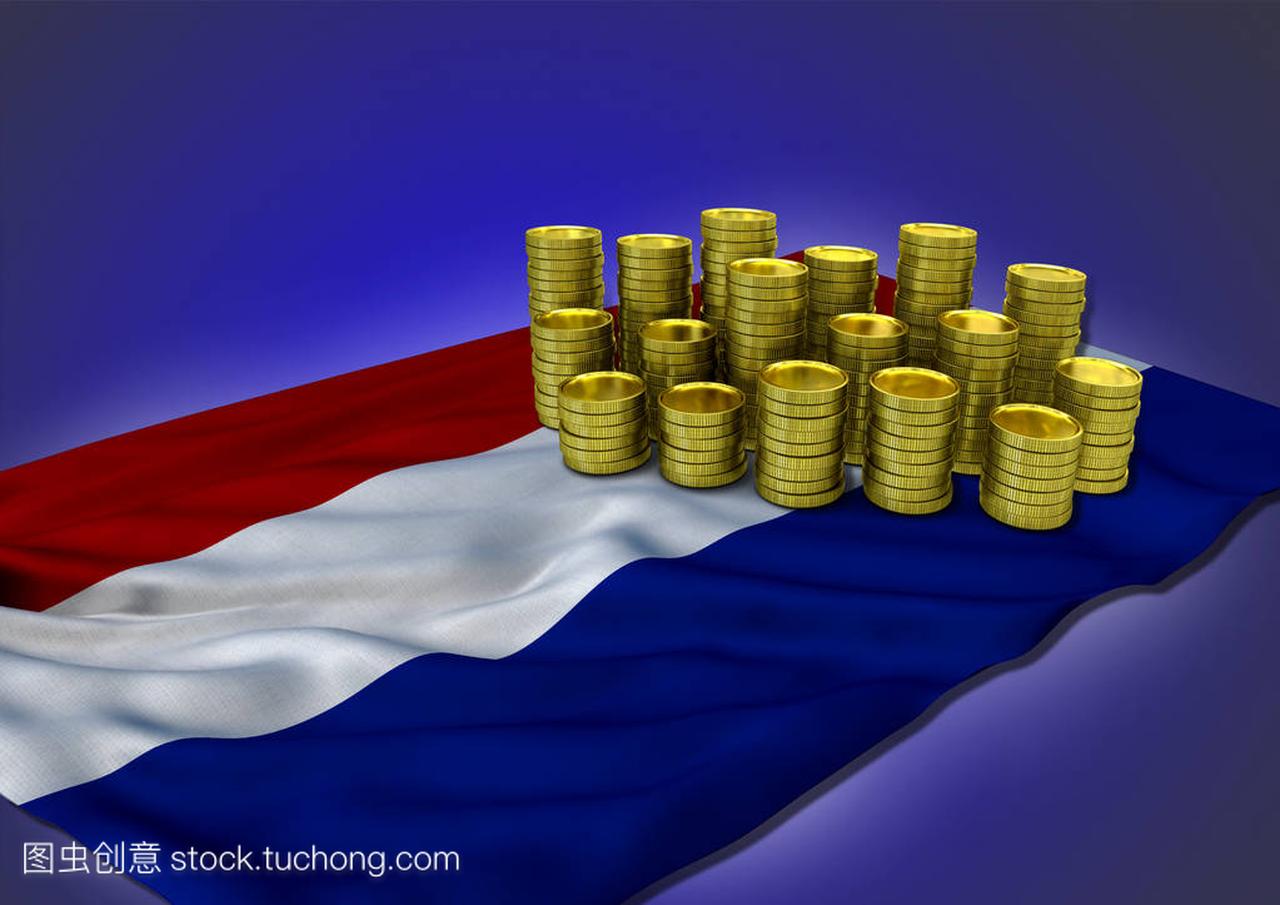 荷兰经济概念与国旗和金币