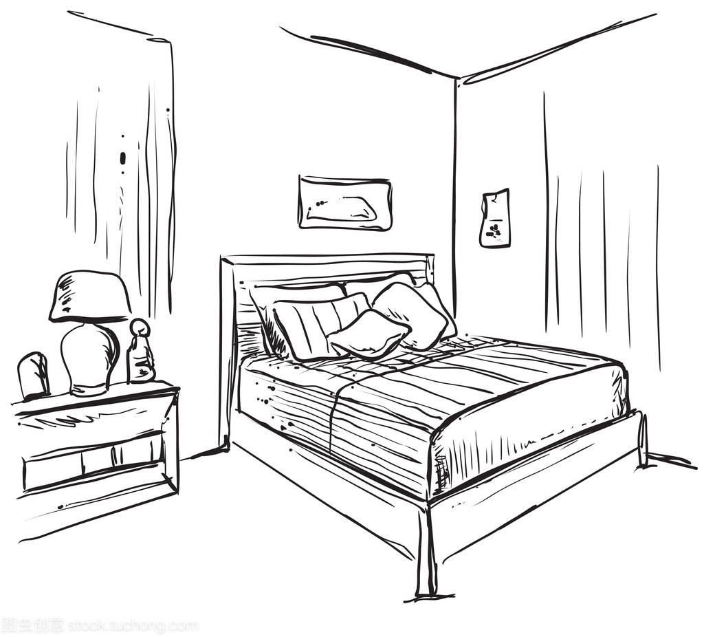 卧室现代内部草绘。手绘家具