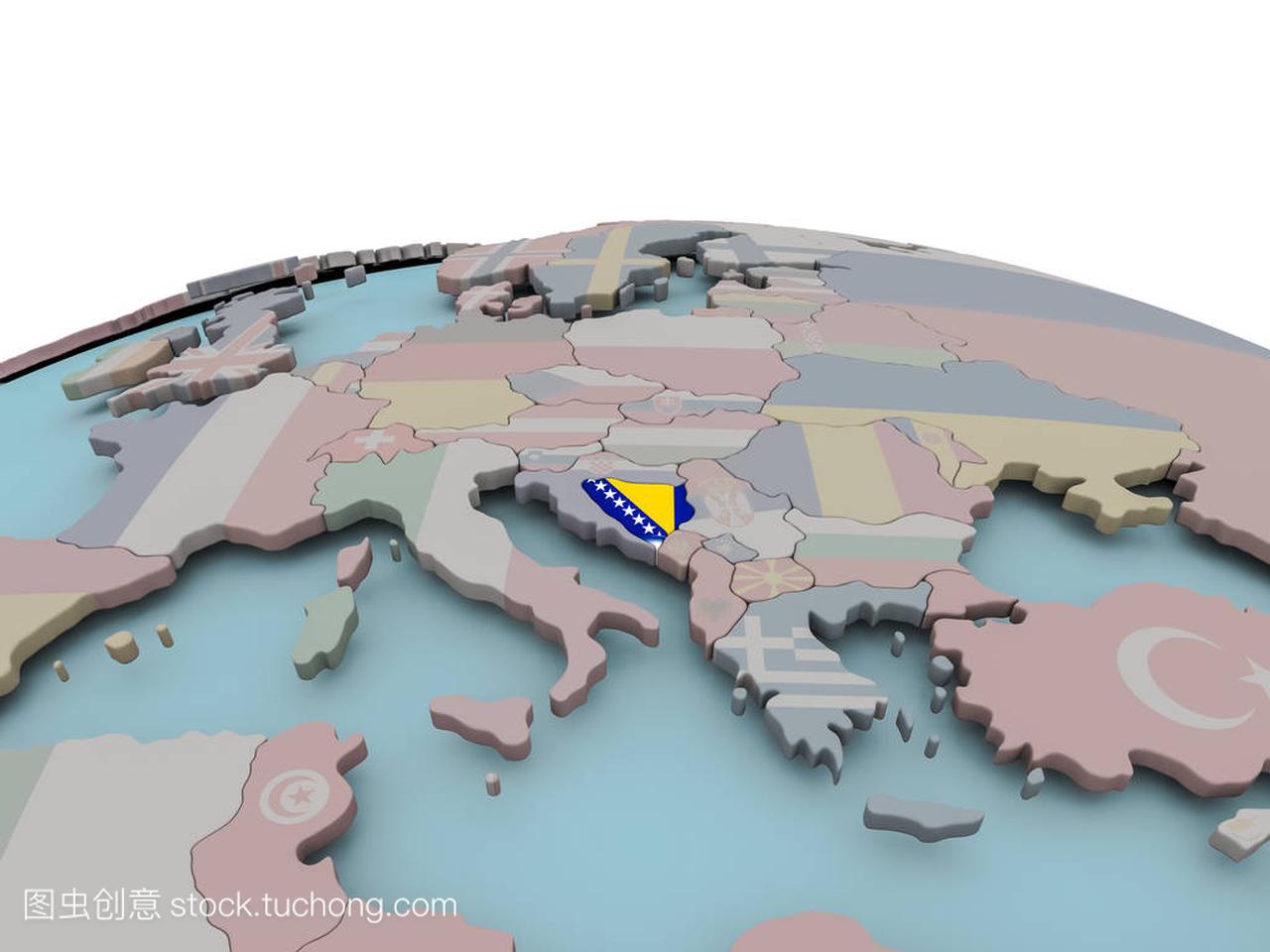 国旗的地球仪上的波斯尼亚政治地图