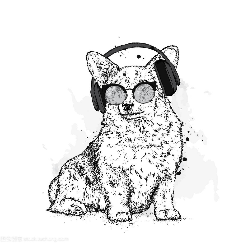 可爱的小狗戴着眼镜,耳机。矢量图的一张明信