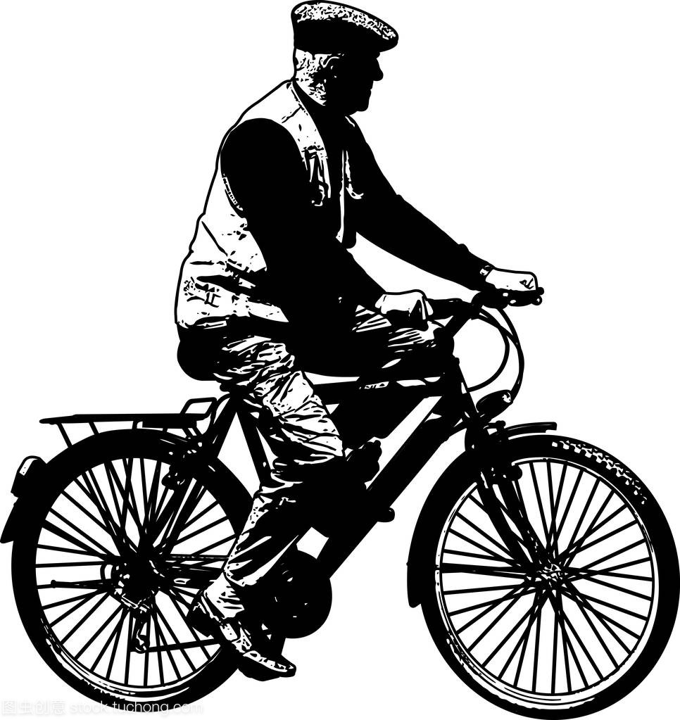 老人骑自行车素描图