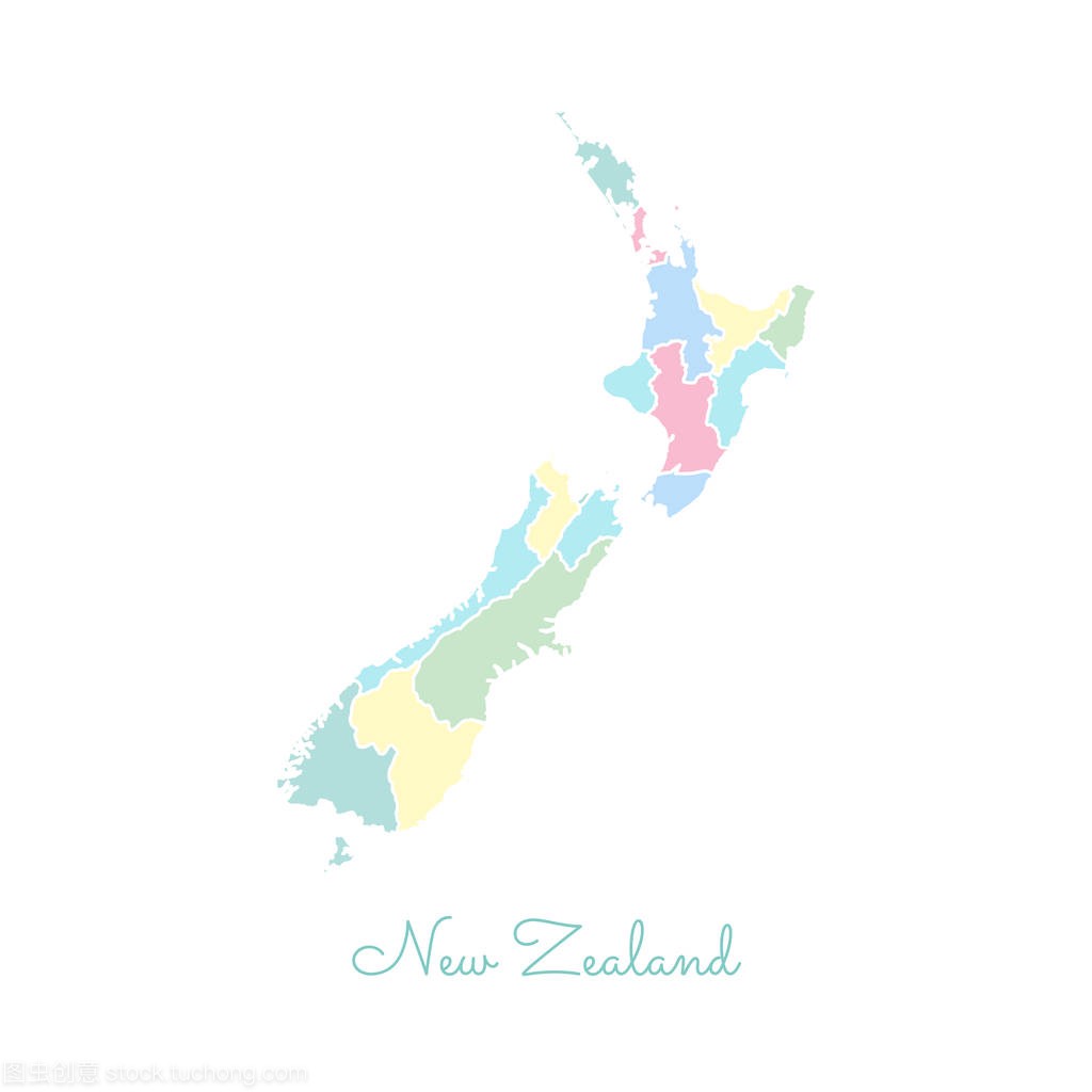 新西兰地区地图多彩与白色轮廓的详细地图,新