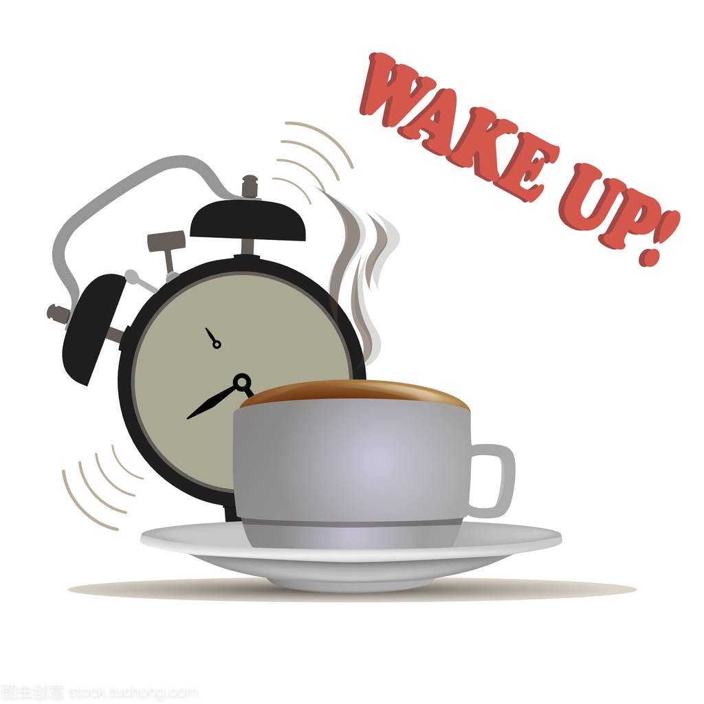 醒醒的早晨闹钟插图的咖啡矢量