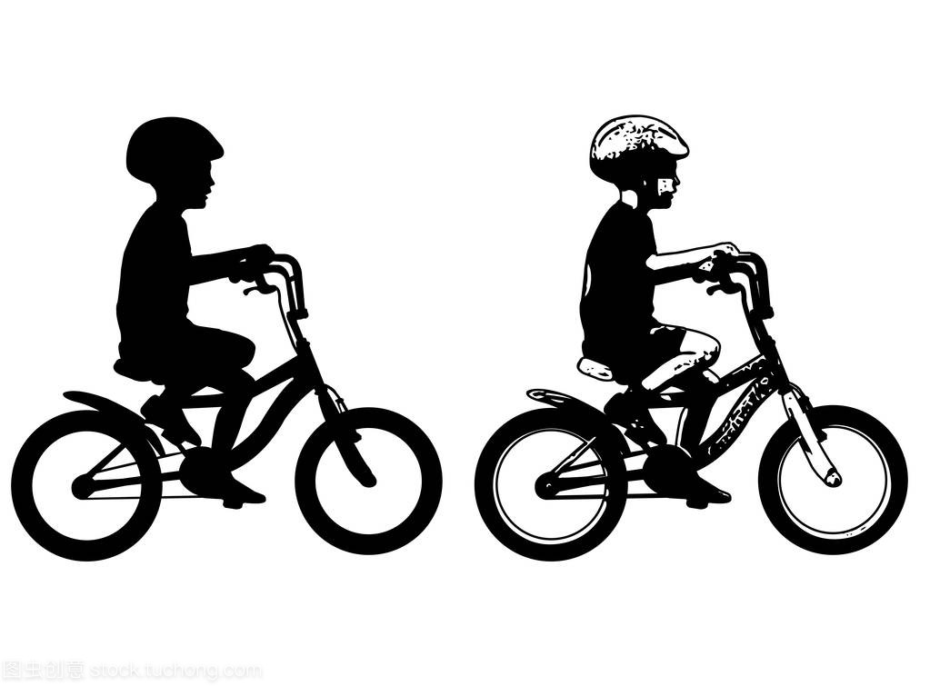 小男孩骑着自行车的轮廓和素描图