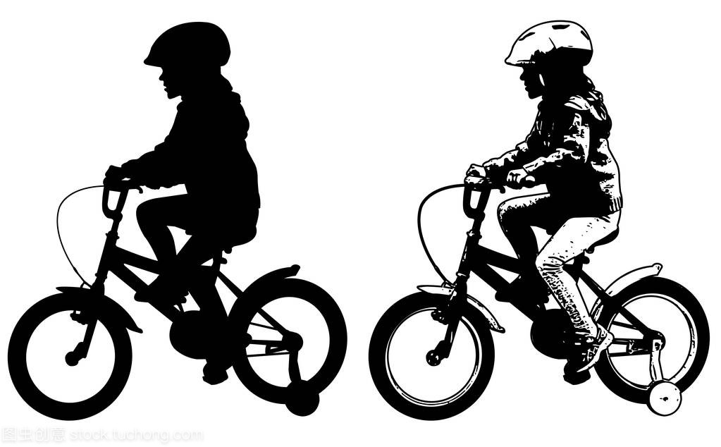 小女孩骑自行车剪影和素描图