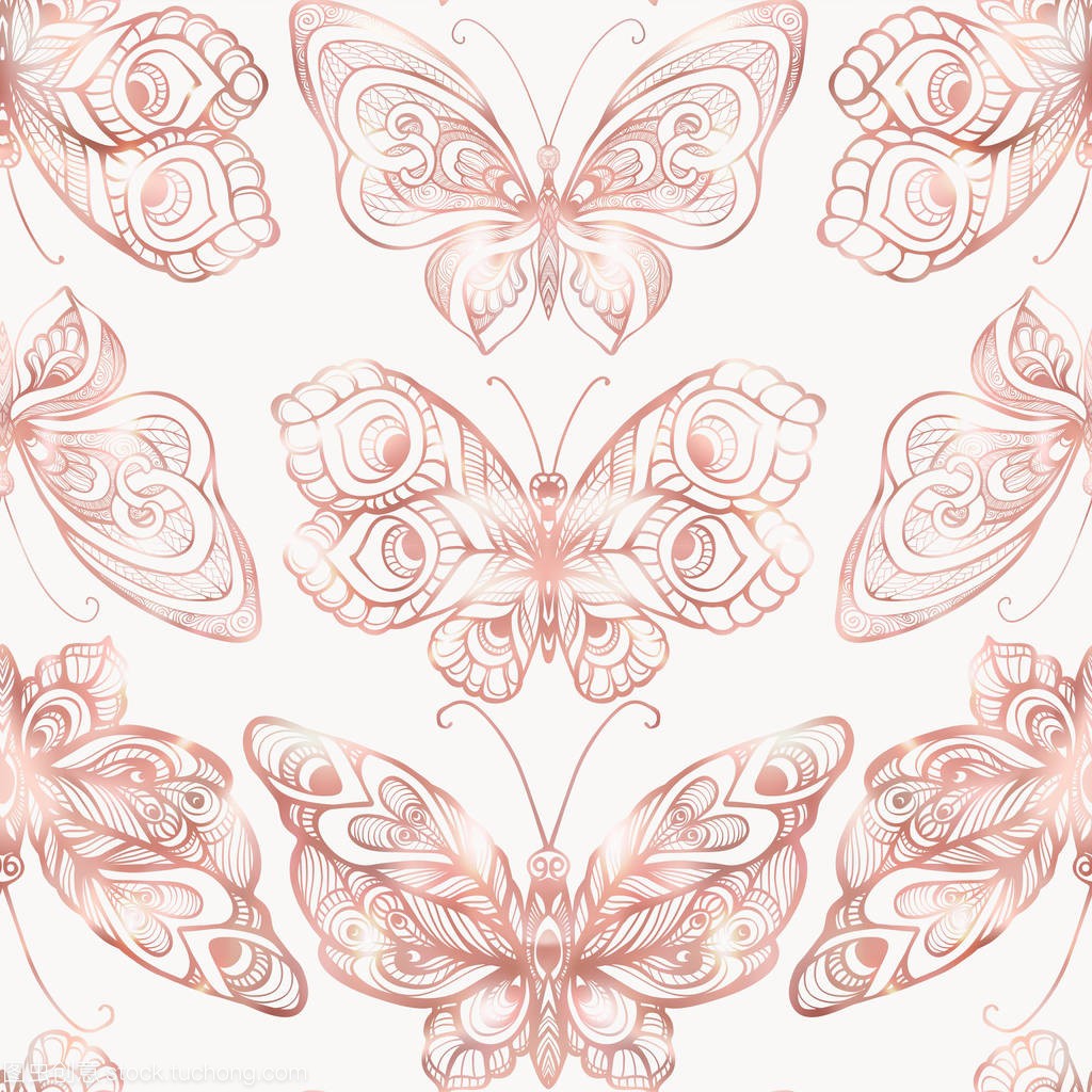 蝴蝶用的装饰图案。无缝模式,背景。玫瑰金颜