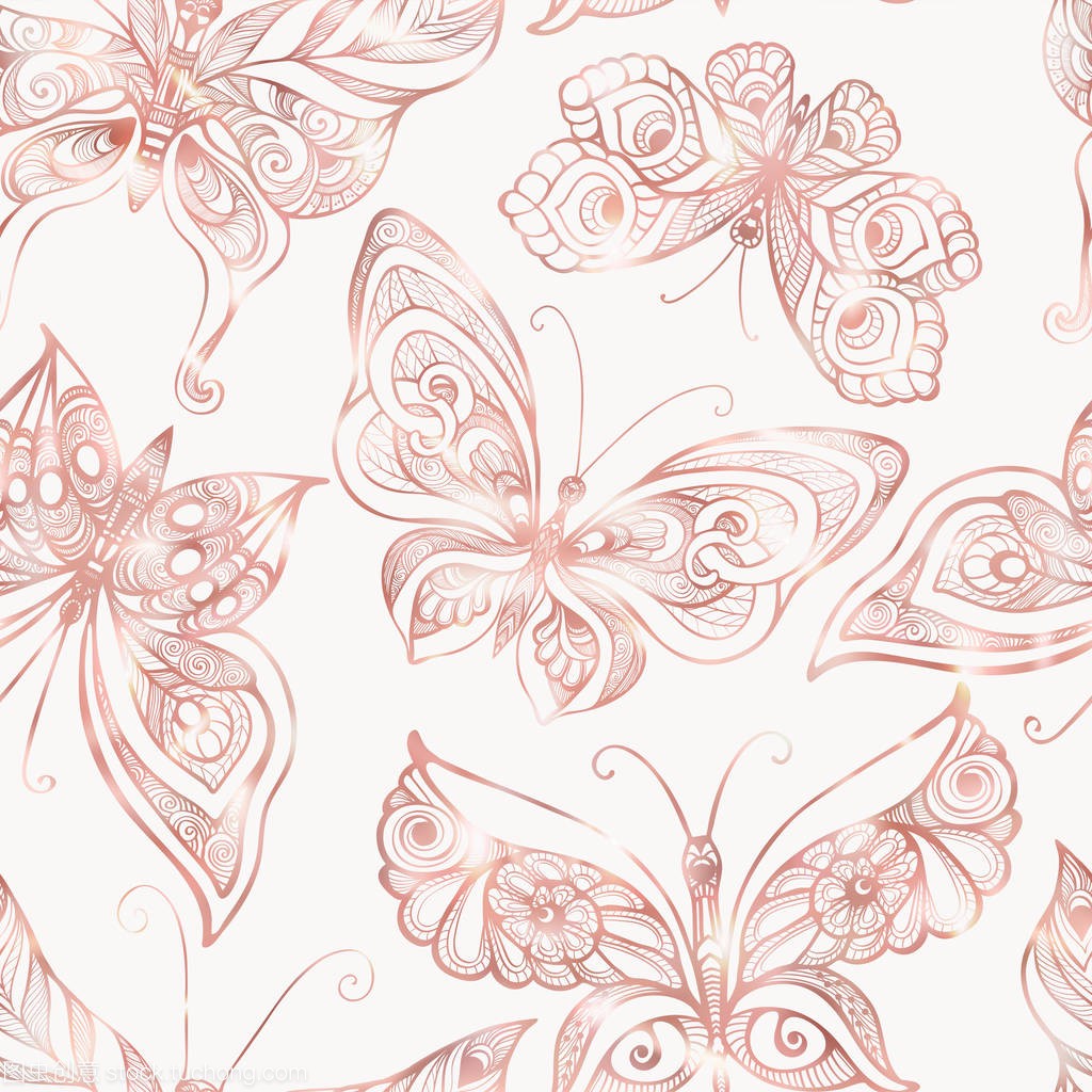 蝴蝶用的装饰图案。无缝模式,背景。玫瑰金颜