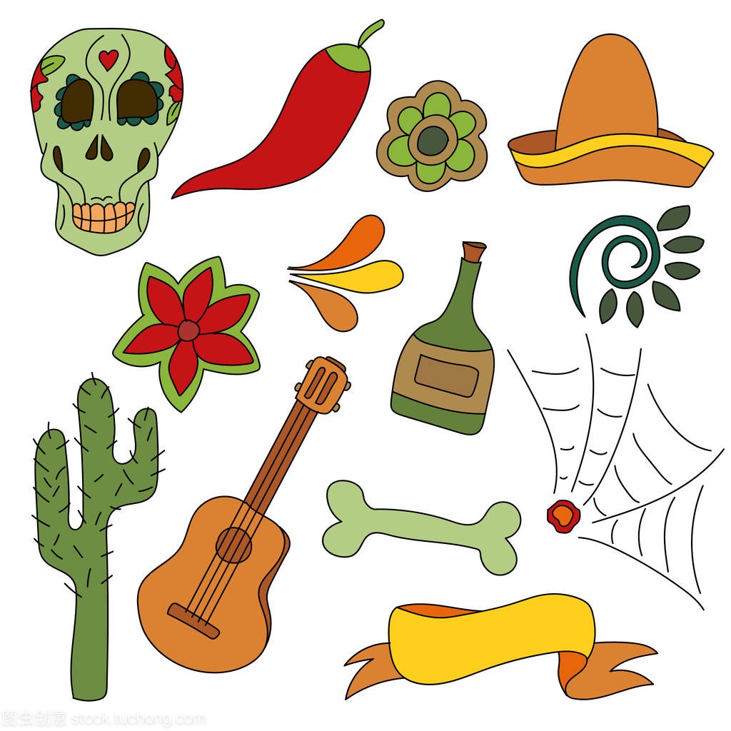 手绘组墨西哥符号-吉他、 草帽、 龙舌兰酒、 