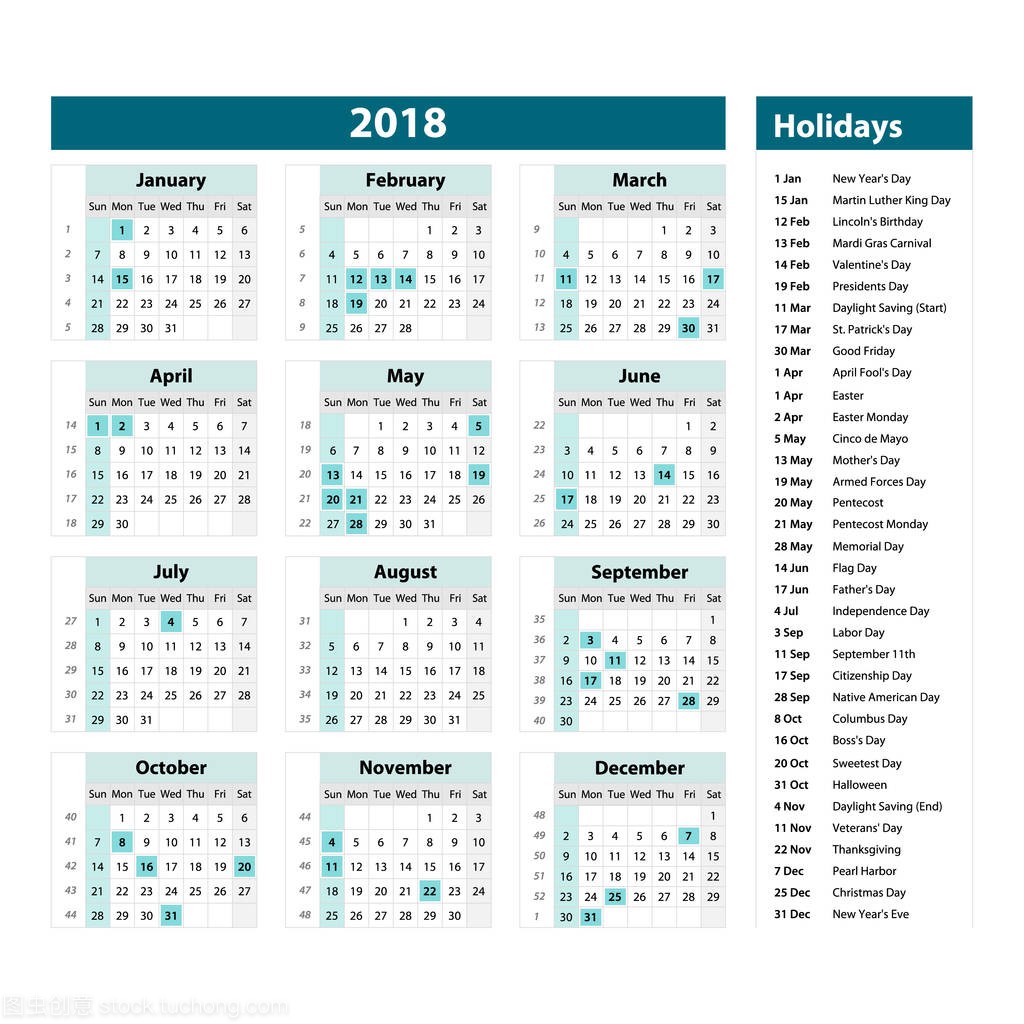 向量2018年新年日历和假日。样式蓝色, 