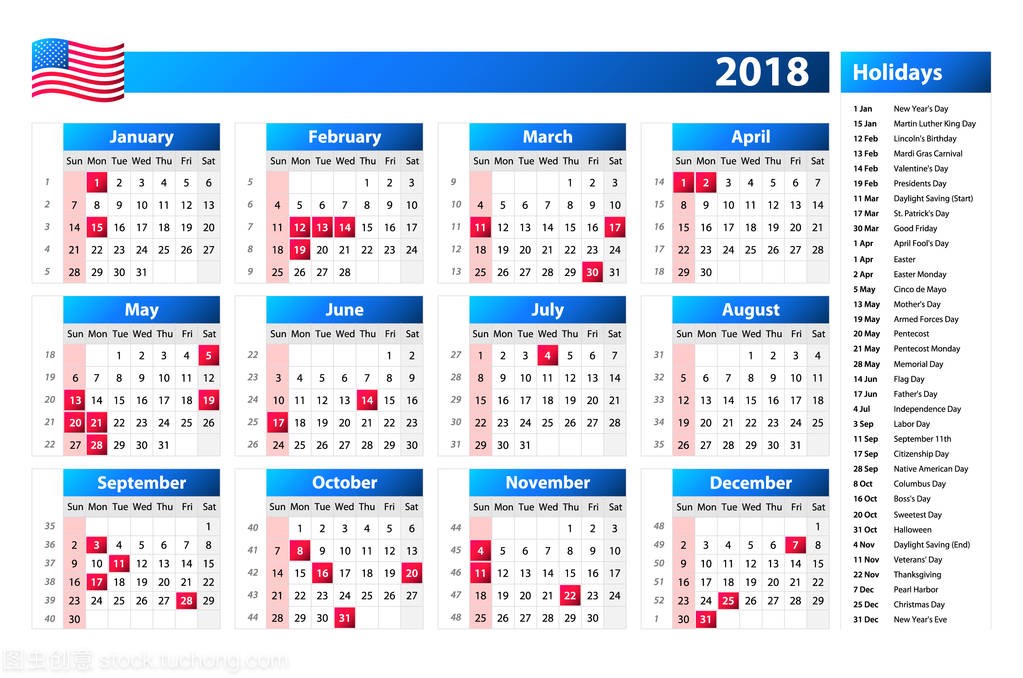 美国日历 2018-法定假日和非工作日,每周从星