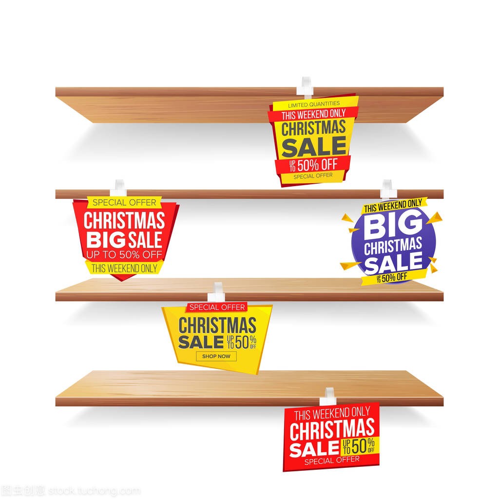 超市货架、节假日圣诞促销广告 Wobblers 矢量