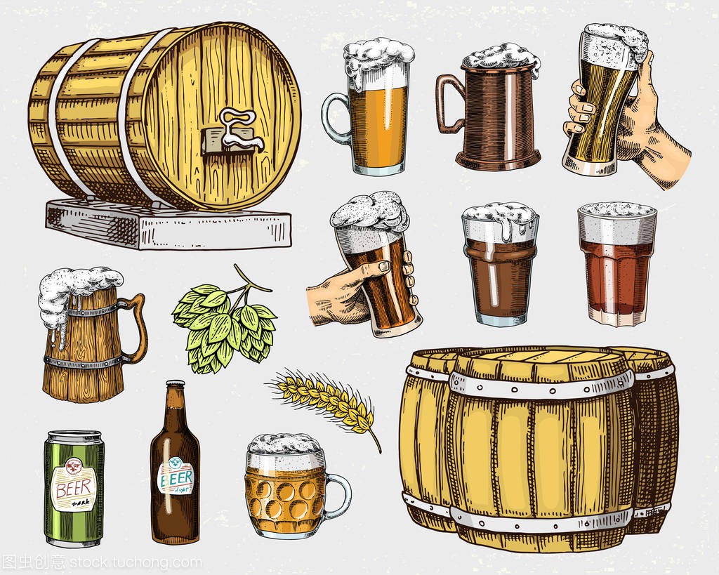 啤酒杯, 杯子或瓶子, 木桶。刻在墨手画旧素描和