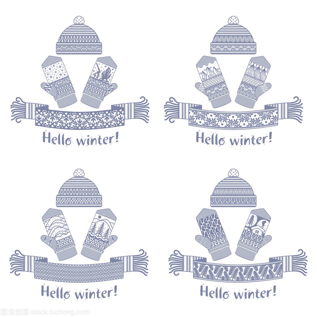 暖针织冬季围巾和手套与题词您好冬季。向量平