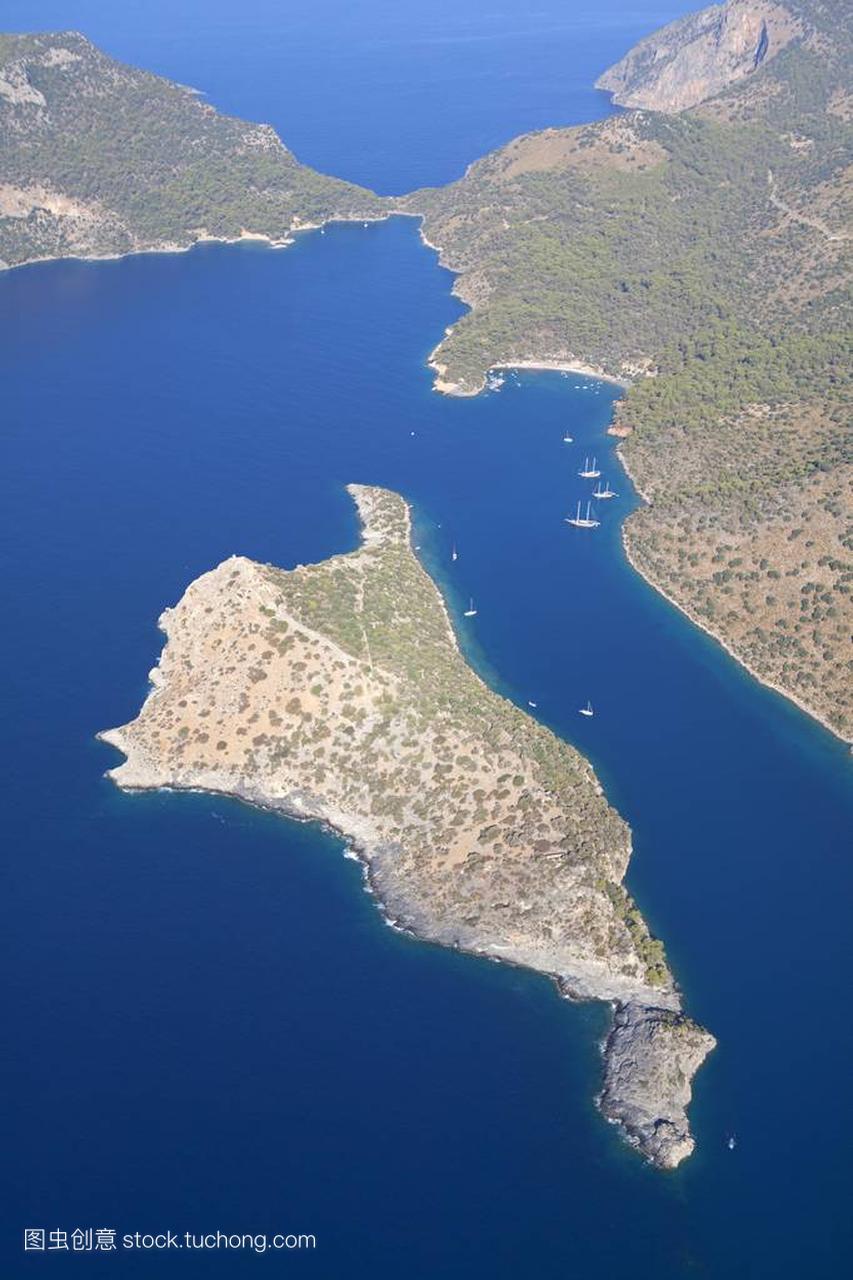 鸟瞰图, 费特希耶的圣尼古拉斯岛, 土耳其爱琴海