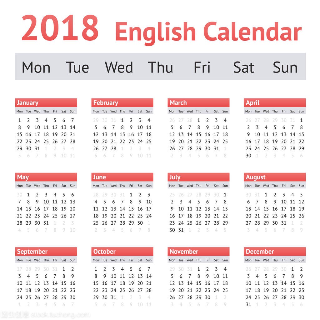2018欧洲英语日历