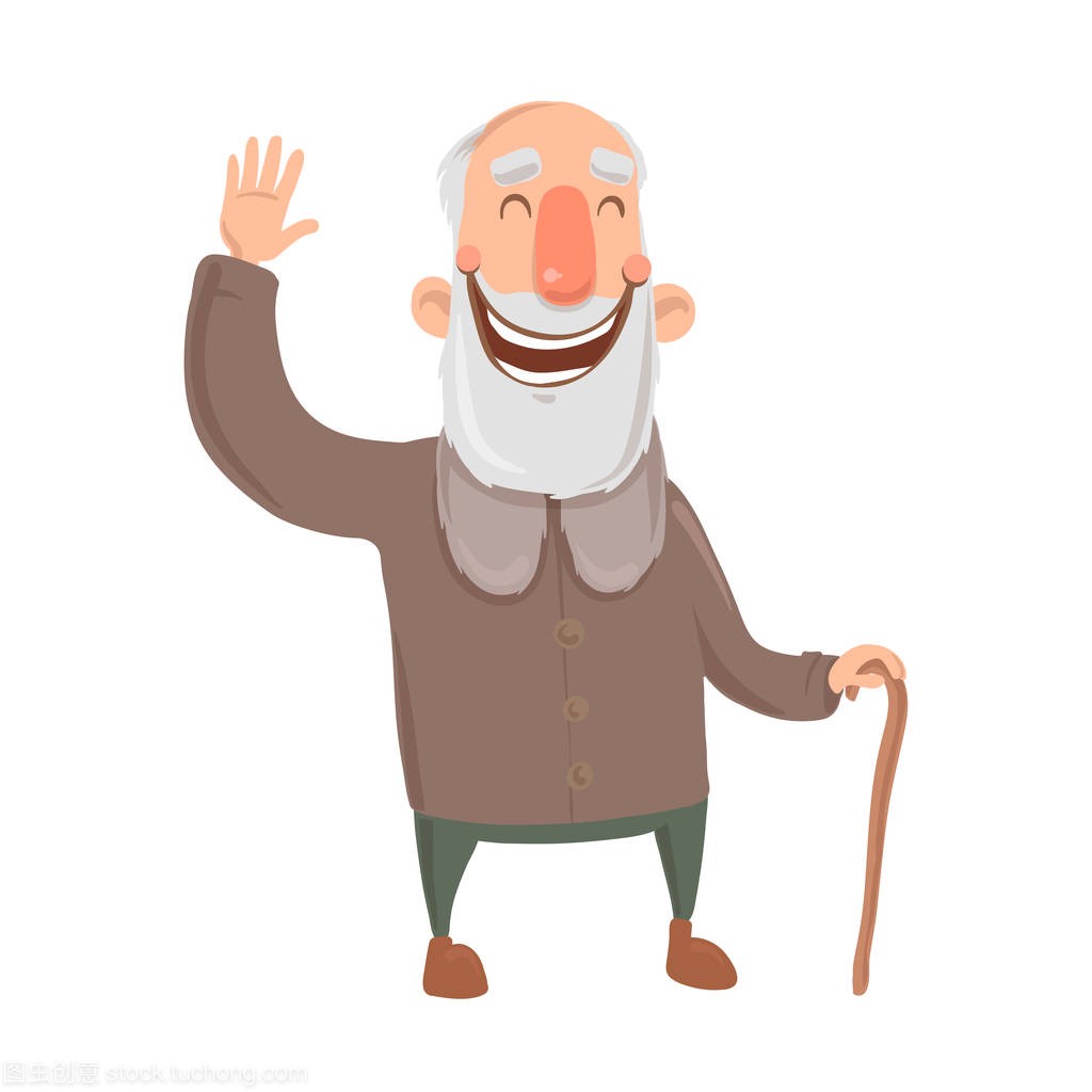 微笑的大胡子老头用手杖挥手。快乐的白发老人