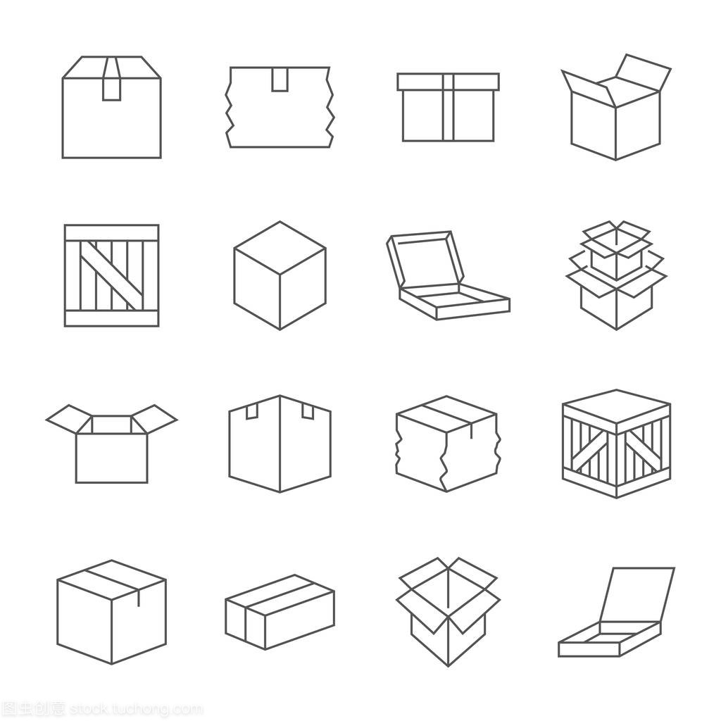 方框标志。各种箱子和箱子。线条图标集。矢量
