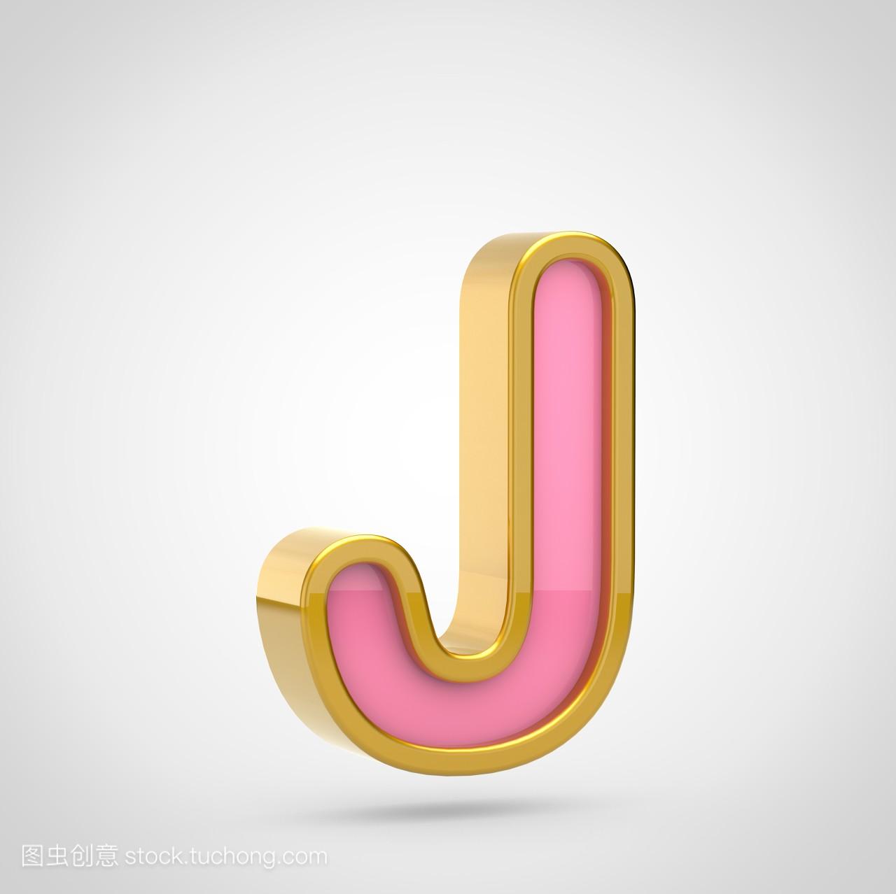 粉红色字体, 金色轮廓白色背景, 大写字母 J