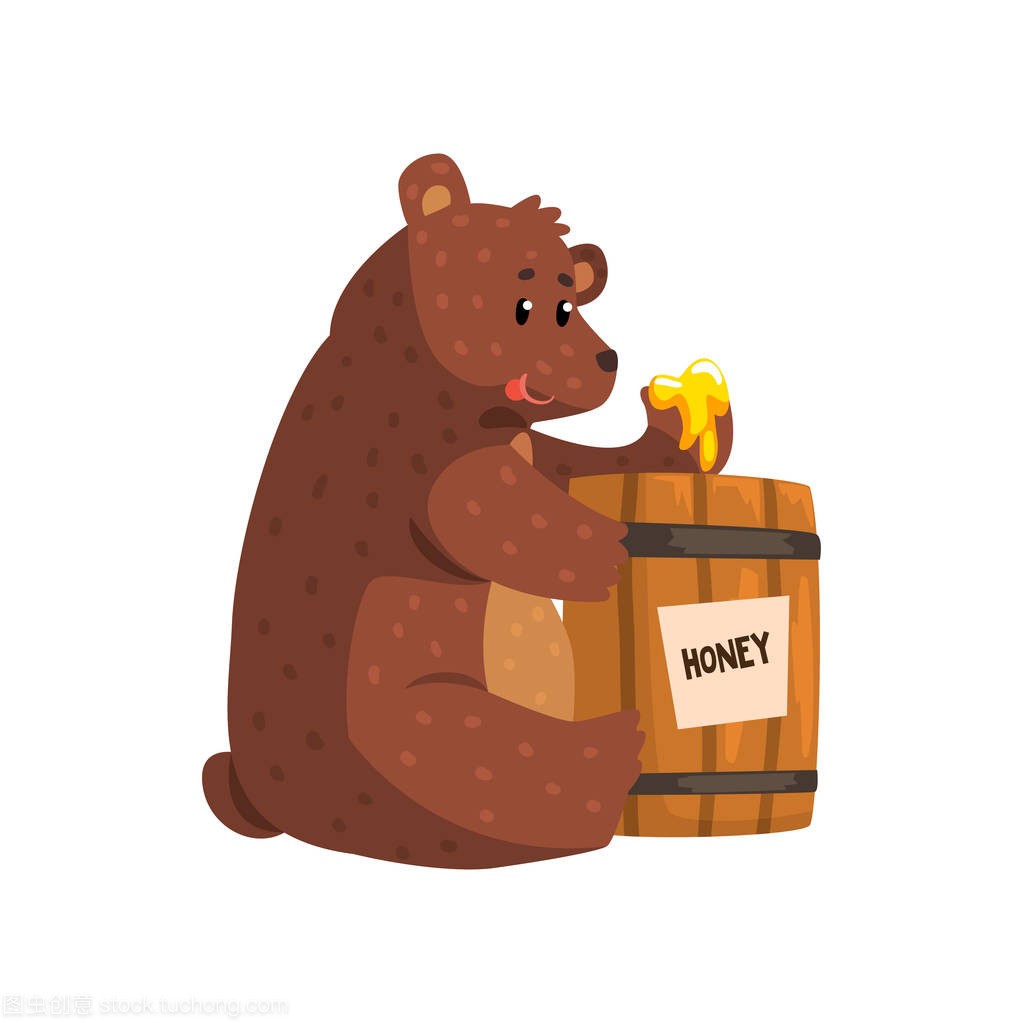 滑稽的棕熊从木桶里吃蜂蜜。卡通森林动物, 短