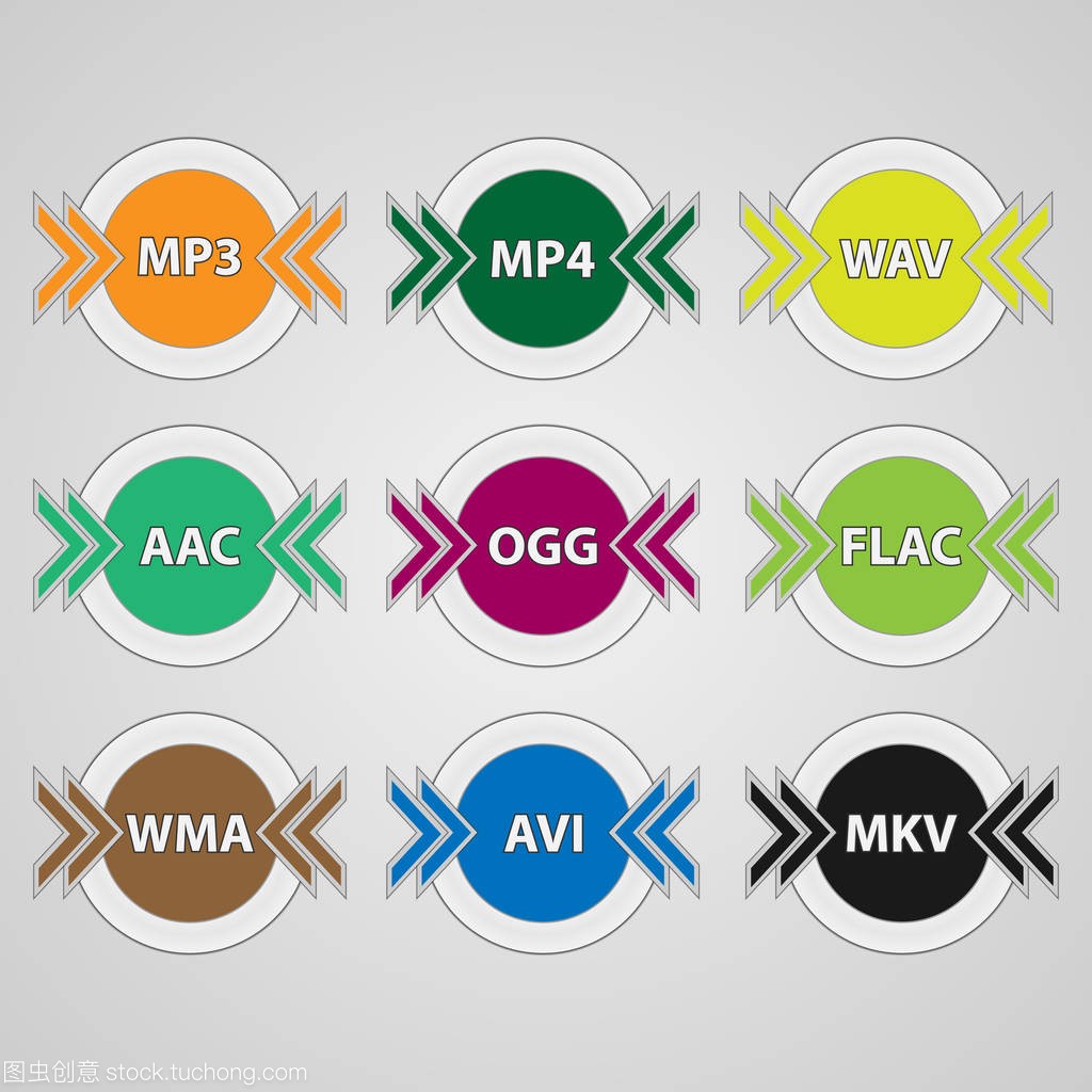 音频和视频文件格式的图标集。彩色圆形文件类