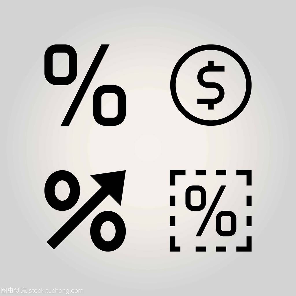 技术矢量图标集。硬币, 百分比和美元