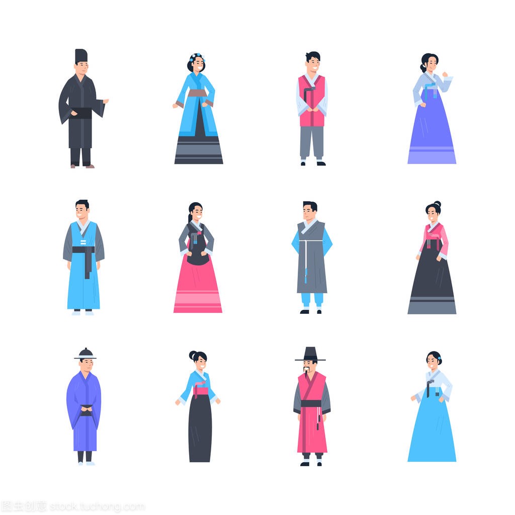 亚洲人穿着传统服饰男女在全国服装全长隔离