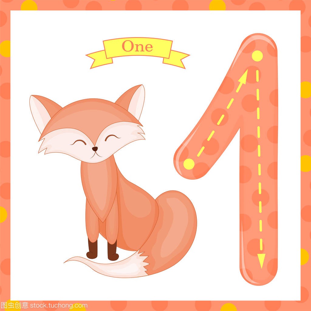 Cute children Flashcard number one tracing with 1 Fox for kids learning to count and to write. learning the numbers 0-10, Flash Cards, educational preschool activities, worksheets for kids