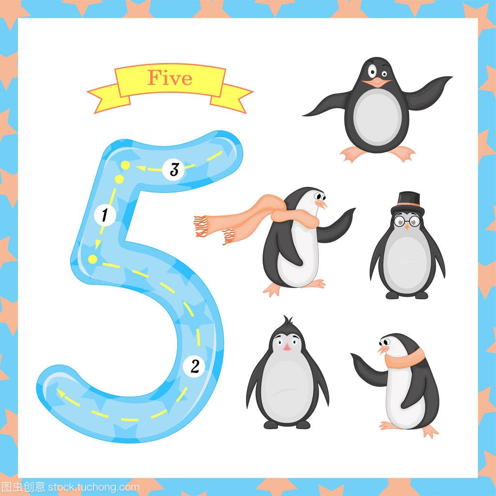 Cute children Flashcard number one tracing with 5 penguins for kids learning to count and to write. learning the numbers 0-10, Flash Cards, educational preschool activities, worksheets for kids