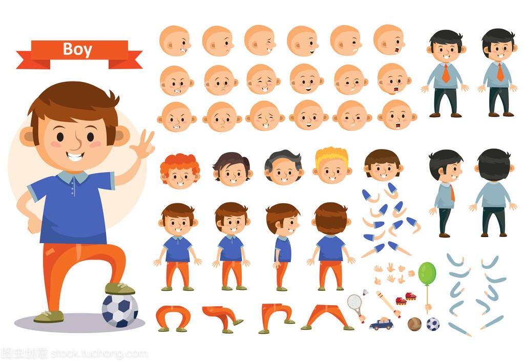 男孩玩足球和玩具矢量卡通儿童字符构造函数隔