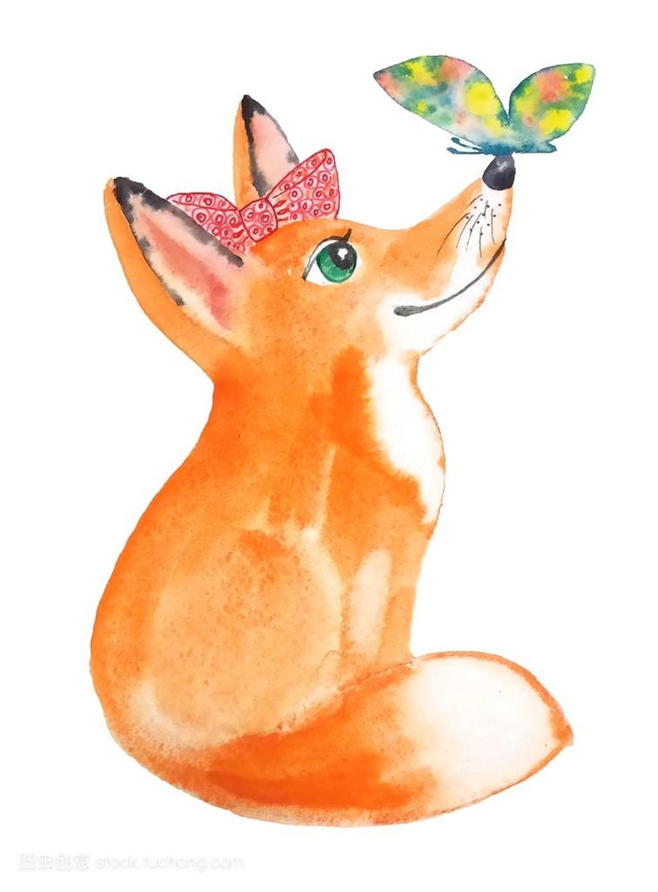 水彩插图可爱滑稽毛茸茸的红色狐狸与大粉红色