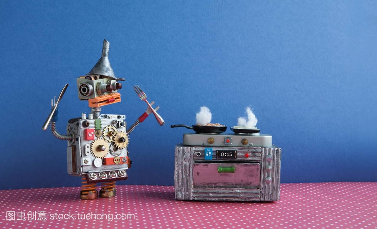 机器人厨师烹调煎锅, 电子灶烤箱。创意设计玩
