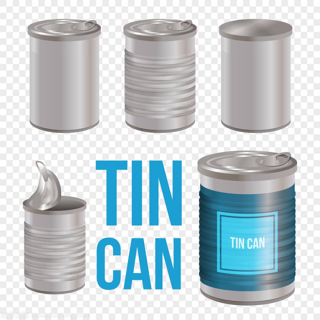 Tincan, 罐装食品逼真的矢量包装样机, 在白色背