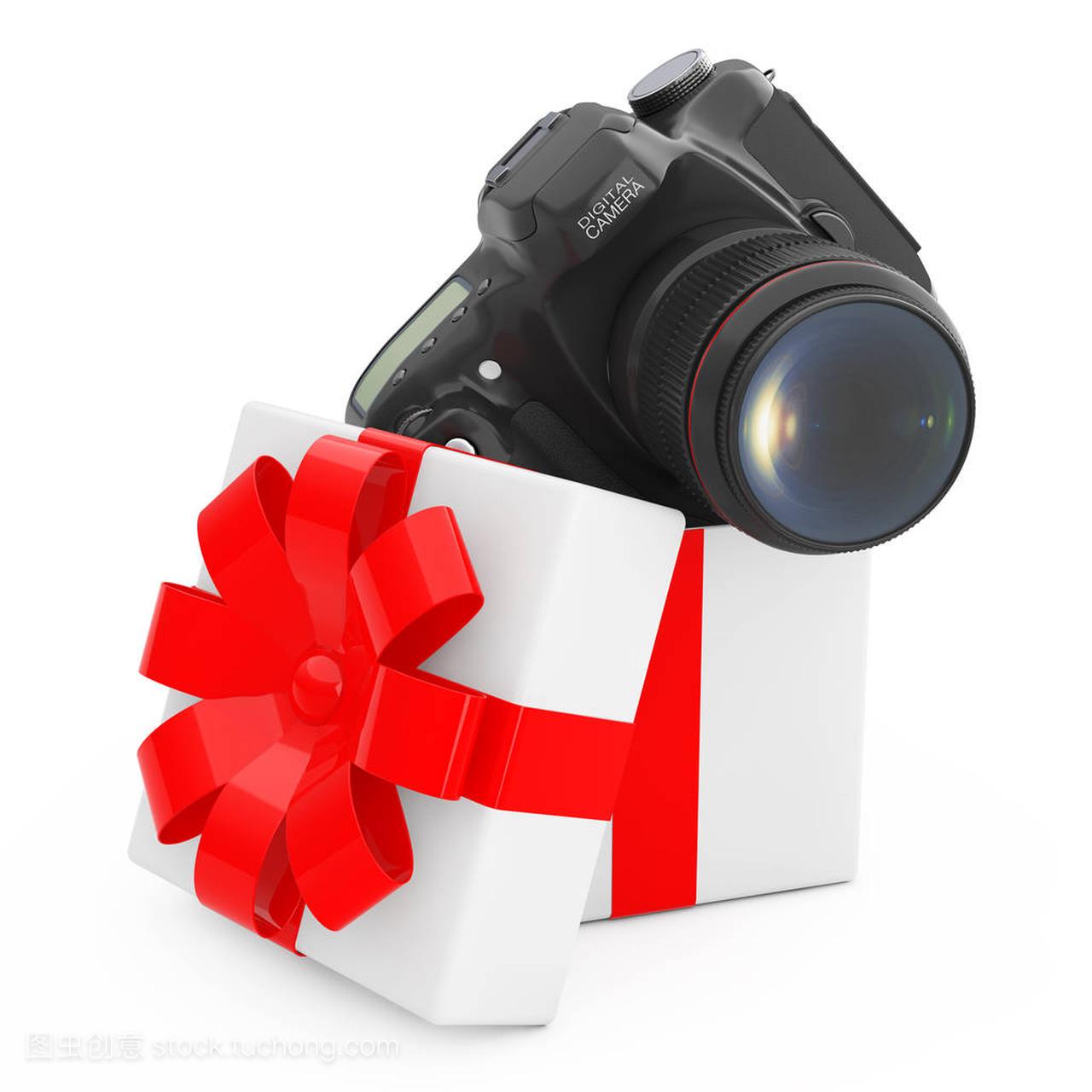 现代数码相机从礼品盒中拿出红 Ri