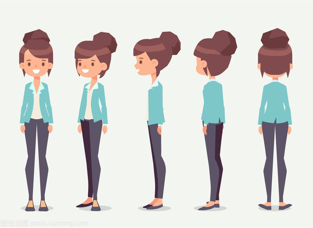 漂亮女孩的动画。前面, 侧面, 背面, 3\/4 视图字