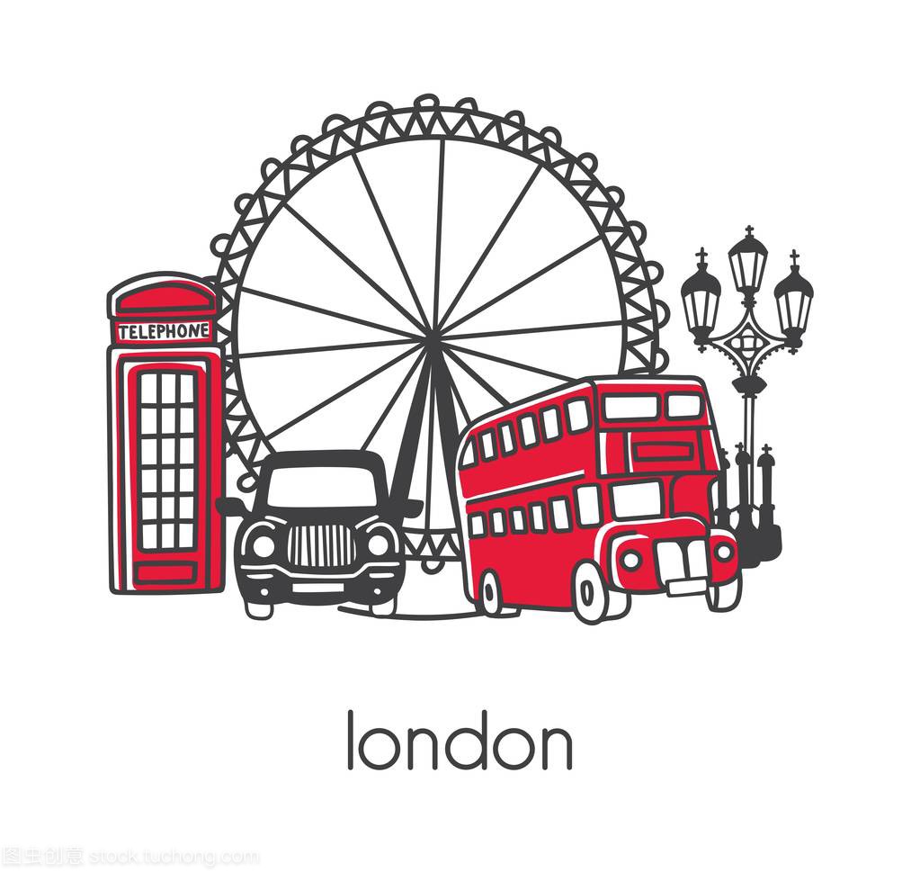 现代矢量插画伦敦用手绘涂鸦英语符号: 双层巴