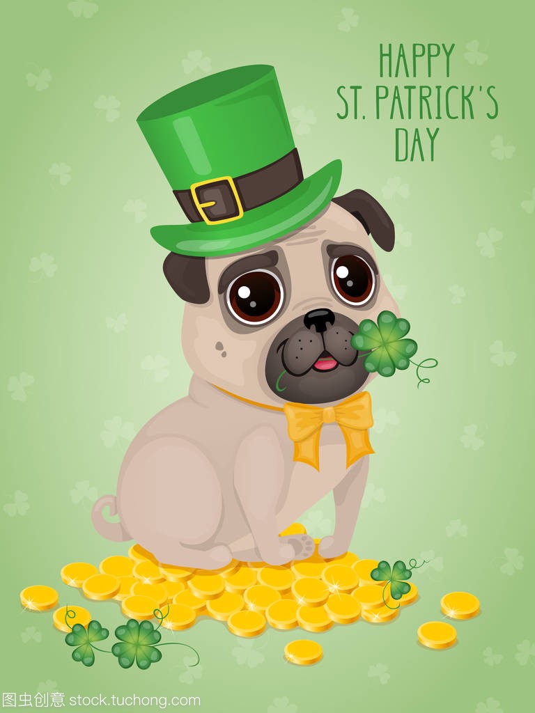 圣帕特里克日与一个可爱的哈巴狗在绿色的帽子